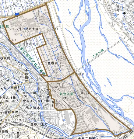 金谷東とその周辺の地図。町の範囲を重ねている
