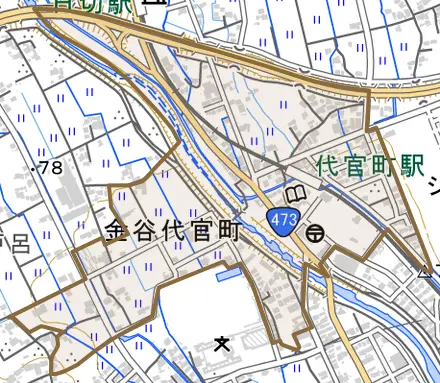 金谷代官町とその周辺の地図。町の範囲を重ねている