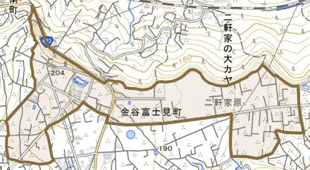 金谷富士見町とその周辺の地図。町の範囲を重ねている
