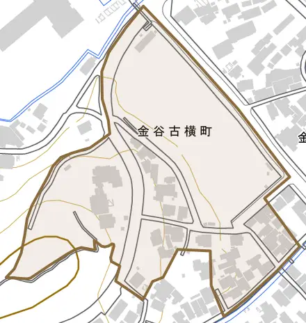 金谷古横町とその周辺の地図。町の範囲を重ねている