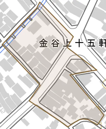 金谷上十五軒とその周辺の地図。町の範囲を重ねている