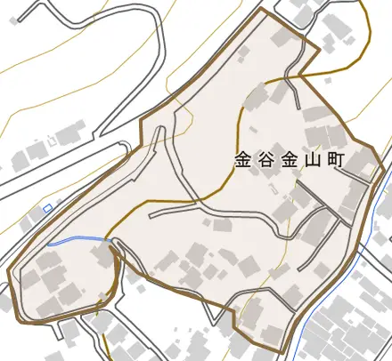 金谷金山町とその周辺の地図。町の範囲を重ねている