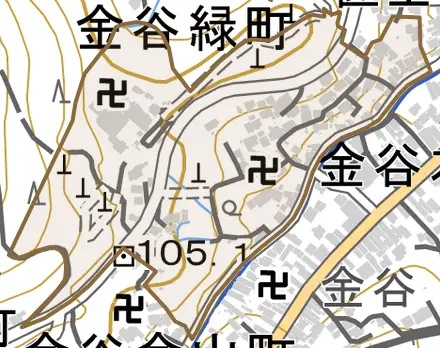 金谷緑町とその周辺の地図。町の範囲を重ねている