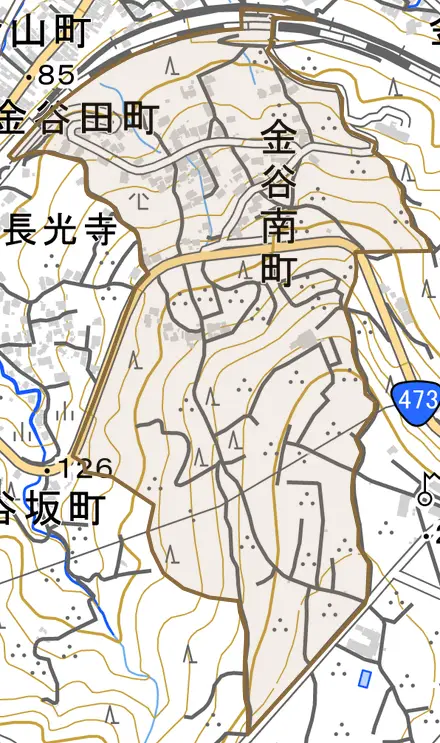 金谷南町とその周辺の地図。町の範囲を重ねている