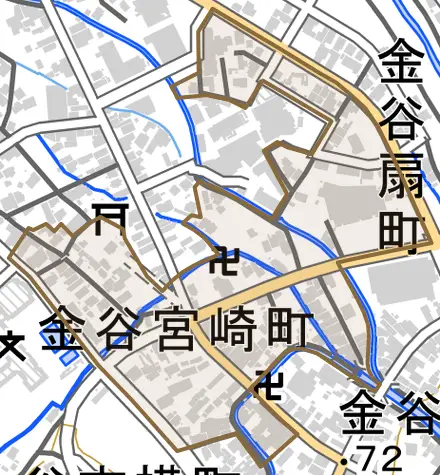金谷宮崎町とその周辺の地図。町の範囲を重ねている