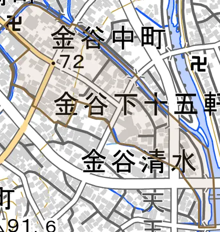 金谷中町とその周辺の地図。町の範囲を重ねている