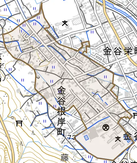 金谷根岸町とその周辺の地図。町の範囲を重ねている