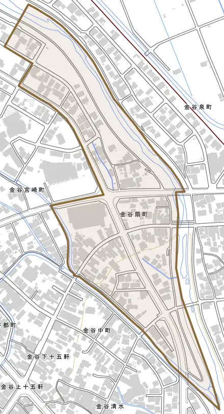 金谷扇町とその周辺の地図。町の範囲を重ねている