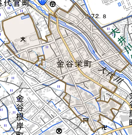 金谷栄町とその周辺の地図。町の範囲を重ねている