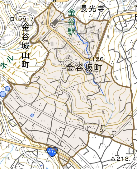 金谷坂町とその周辺の地図。町の範囲を重ねている