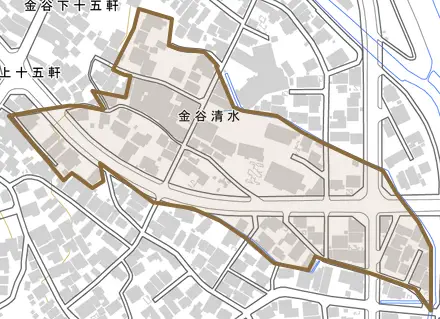 金谷清水とその周辺の地図。町の範囲を重ねている