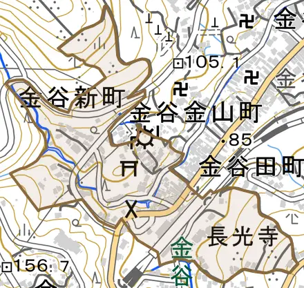 金谷新町とその周辺の地図。町の範囲を重ねている