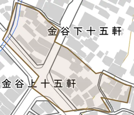 金谷下十五軒とその周辺の地図。町の範囲を重ねている