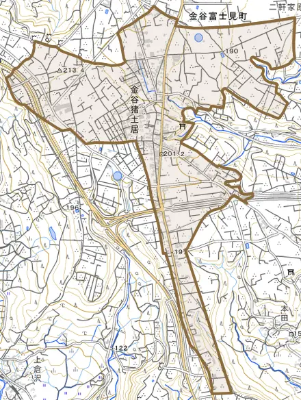金谷猪土居とその周辺の地図。町の範囲を重ねている