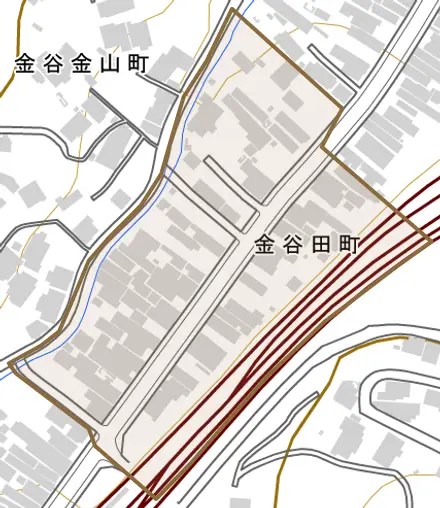 金谷田町とその周辺の地図。町の範囲を重ねている