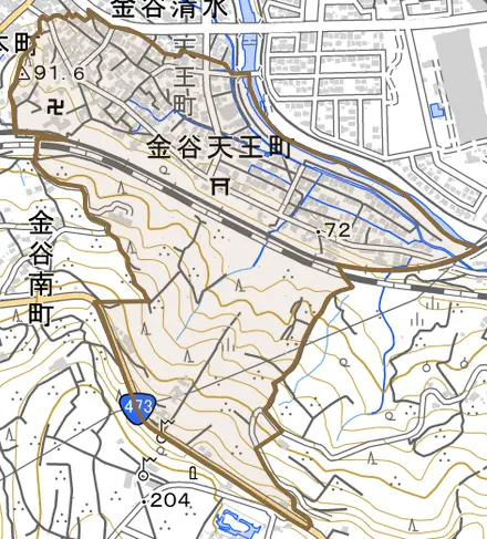 金谷天王町とその周辺の地図。町の範囲を重ねている