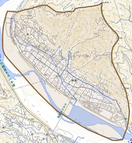 神座とその周辺の地図。町の範囲を重ねている
