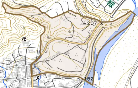 川根町家山とその周辺の地図。町の範囲を重ねている