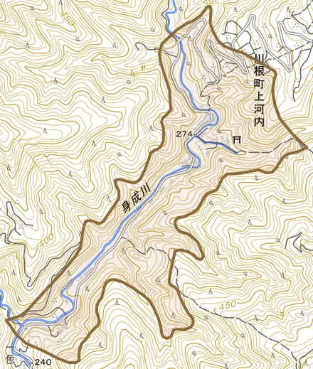川根町上河内とその周辺の地図。町の範囲を重ねている