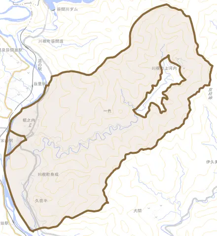 川根町身成とその周辺の地図。町の範囲を重ねている