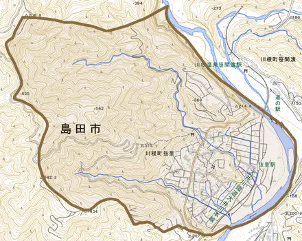 川根町抜里とその周辺の地図。町の範囲を重ねている
