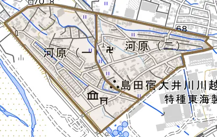 河原とその周辺の地図。町の範囲を重ねている