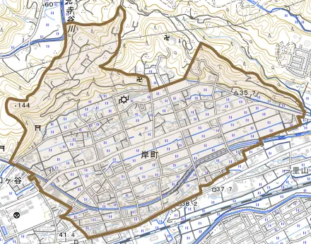 岸町とその周辺の地図。町の範囲を重ねている