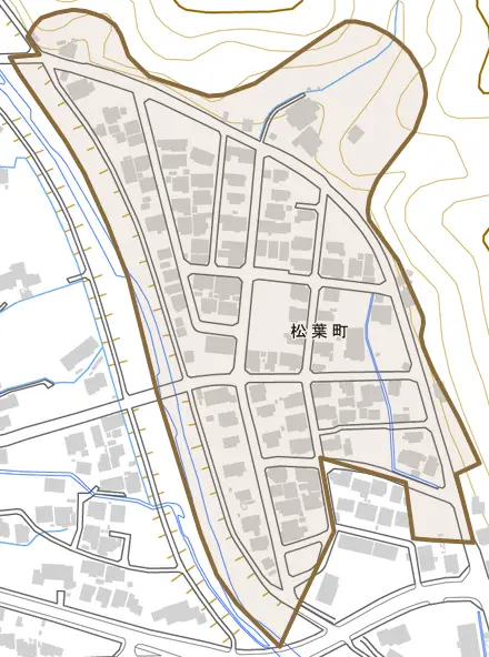 松葉町とその周辺の地図。町の範囲を重ねている