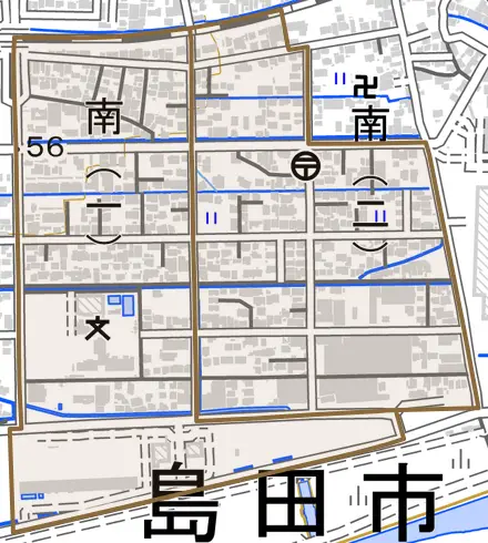 南とその周辺の地図。町の範囲を重ねている