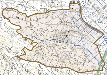 南原とその周辺の地図。町の範囲を重ねている
