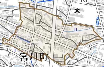 宮川町とその周辺の地図。町の範囲を重ねている