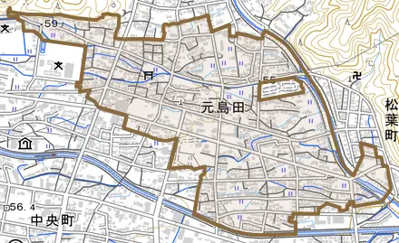 元島田とその周辺の地図。町の範囲を重ねている