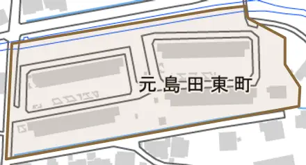 元島田東町とその周辺の地図。町の範囲を重ねている