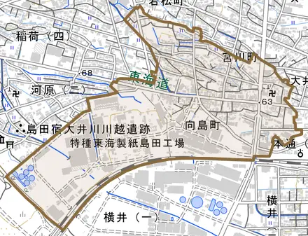 向島町とその周辺の地図。町の範囲を重ねている