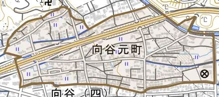 向谷元町とその周辺の地図。町の範囲を重ねている