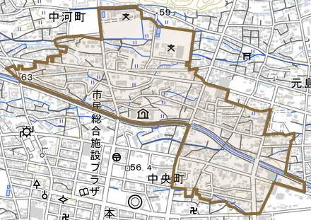 中河町とその周辺の地図。町の範囲を重ねている