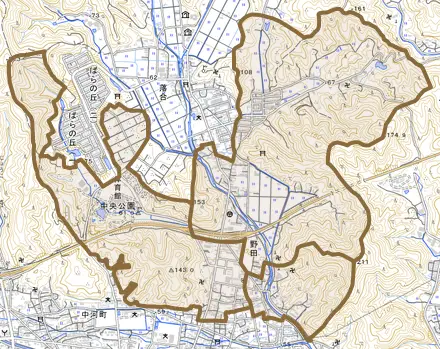 野田とその周辺の地図。町の範囲を重ねている