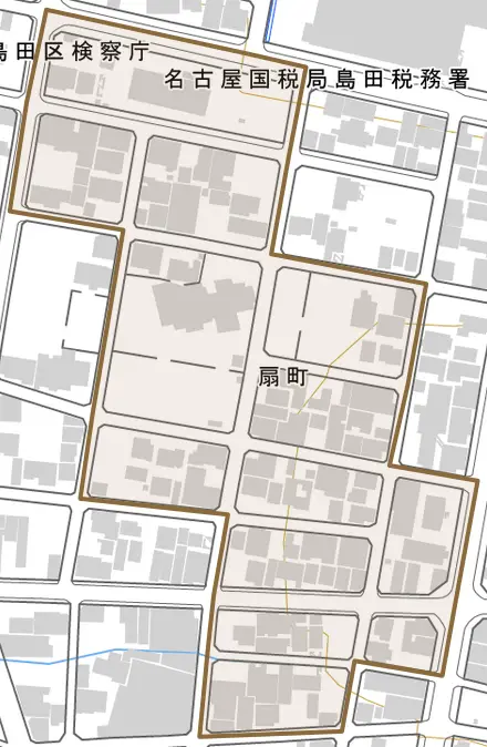 扇町とその周辺の地図。町の範囲を重ねている