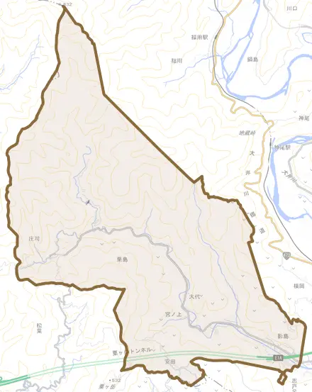 大代とその周辺の地図。町の範囲を重ねている