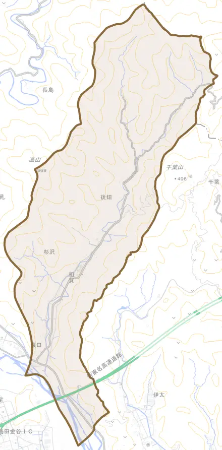 相賀とその周辺の地図。町の範囲を重ねている