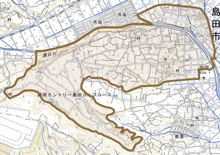 岡田とその周辺の地図。町の範囲を重ねている