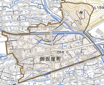 御仮屋町とその周辺の地図。町の範囲を重ねている