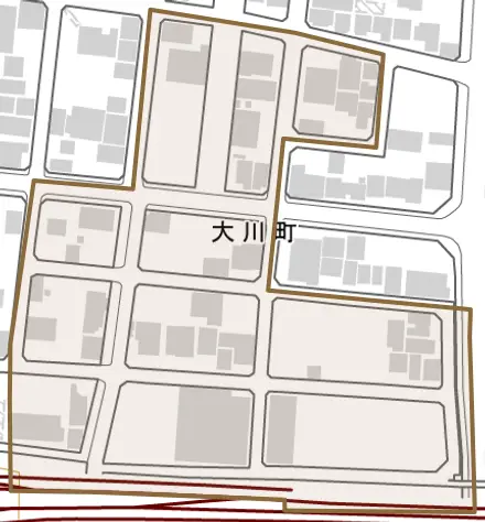 大川町とその周辺の地図。町の範囲を重ねている
