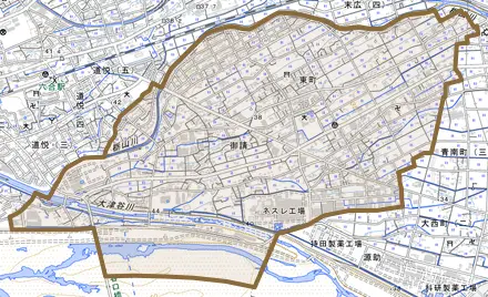 御請とその周辺の地図。町の範囲を重ねている