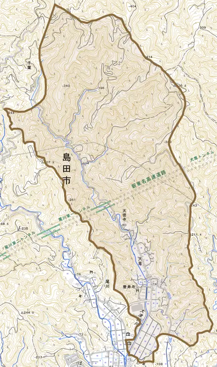 大草とその周辺の地図。町の範囲を重ねている