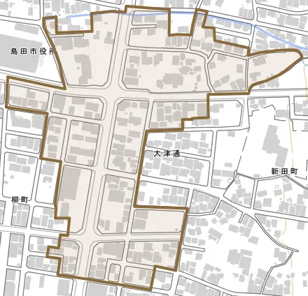 大津通とその周辺の地図。町の範囲を重ねている