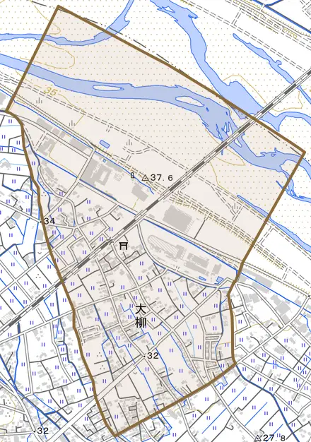 大柳とその周辺の地図。町の範囲を重ねている