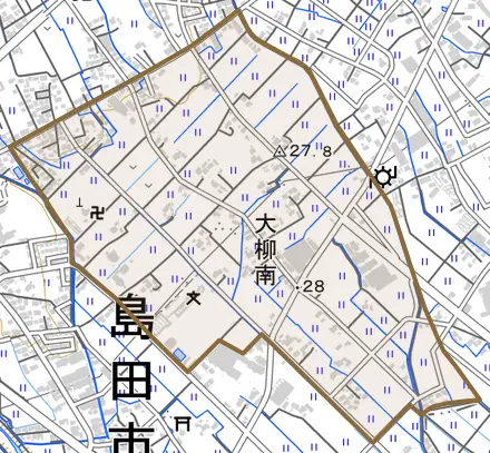 大柳南とその周辺の地図。町の範囲を重ねている
