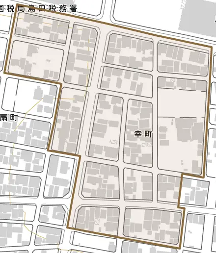 幸町とその周辺の地図。町の範囲を重ねている