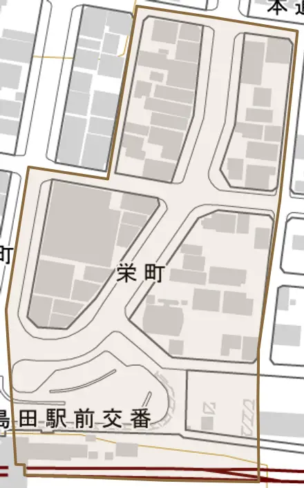 栄町とその周辺の地図。町の範囲を重ねている